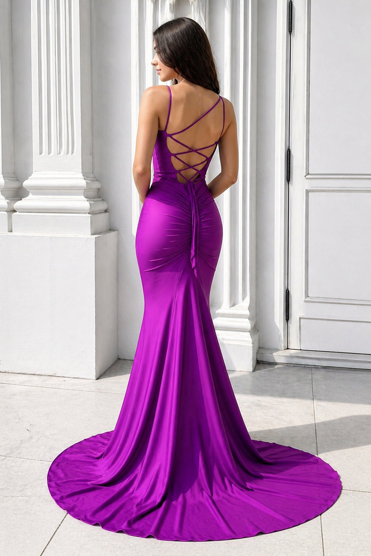 Purple Spaghetti Straps Lace-Up Mermaid Long Formal Dress