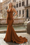 Yellow Mermaid Halter Satin Prom Dresses With Tail Evening Dress
