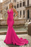 Yellow Mermaid Halter Satin Prom Dresses With Tail Evening Dress