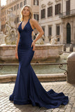Yellow Mermaid Halter Satin Prom Dresses With Tail Evening Dress