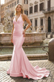 Yellow Mermaid Halter Satin Prom Dresses With Tail Evening Dress