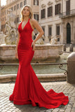 Yellow Mermaid Halter Satin Prom Dresses With Tail Evening Dress