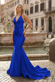 Yellow Mermaid Halter Satin Prom Dresses With Tail Evening Dress