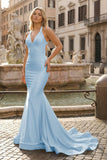 Yellow Mermaid Halter Satin Prom Dresses With Tail Evening Dress