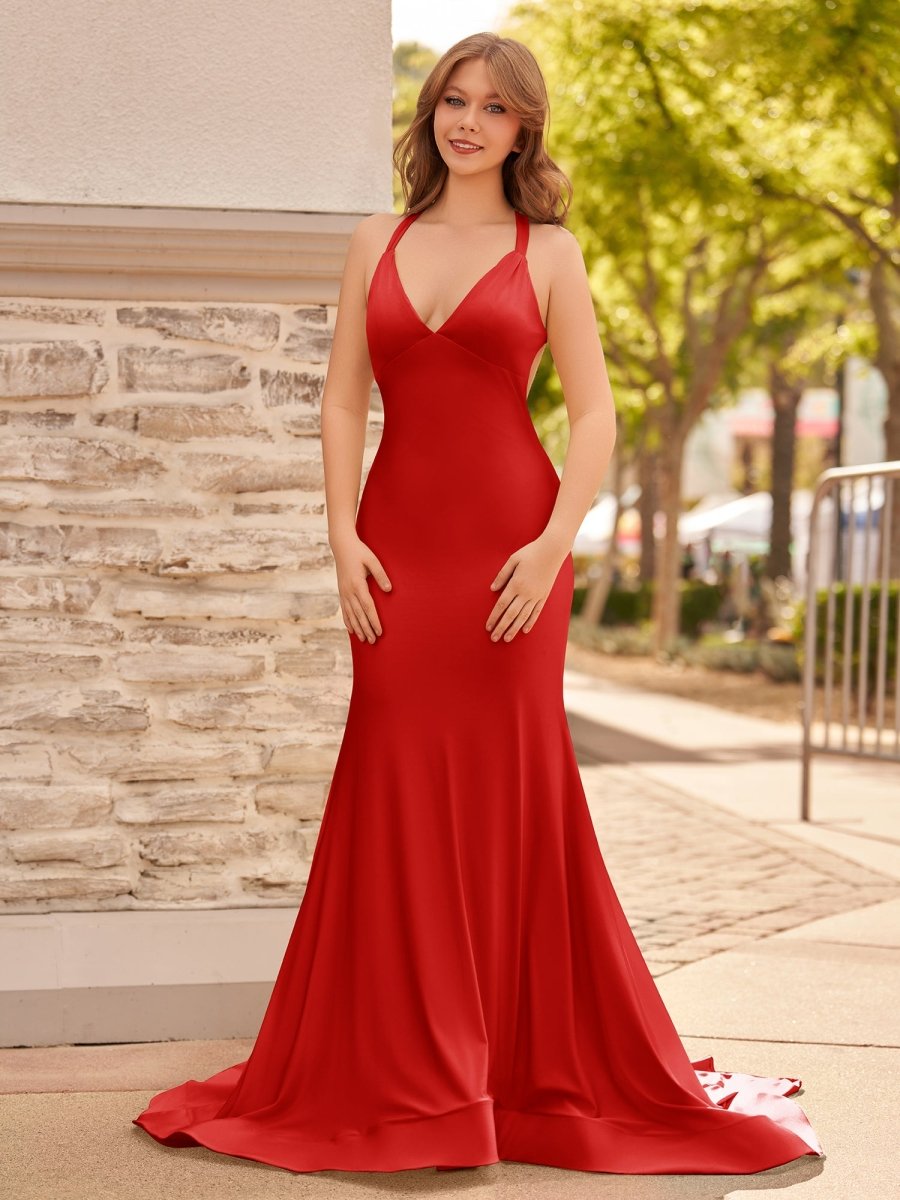 Yellow Mermaid Halter Satin Prom Dresses With Tail Evening Dress