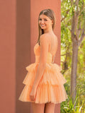 A Line Tulle Orange Keyhole Halter Short Homecoming Dress with Ruffles