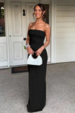 Red Strapless Sheath Satin Pleated Long Formal Prom Dresses