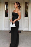 Red Strapless Sheath Satin Pleated Long Formal Prom Dresses