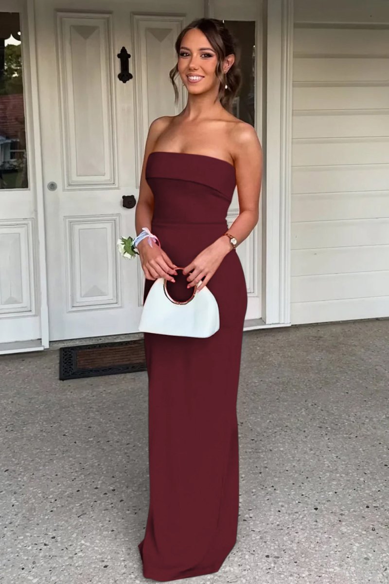 Red Strapless Sheath Satin Pleated Long Formal Prom Dresses