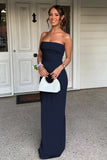 Red Strapless Sheath Satin Pleated Long Formal Prom Dresses