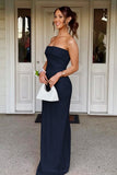 Red Strapless Sheath Satin Pleated Long Formal Prom Dresses