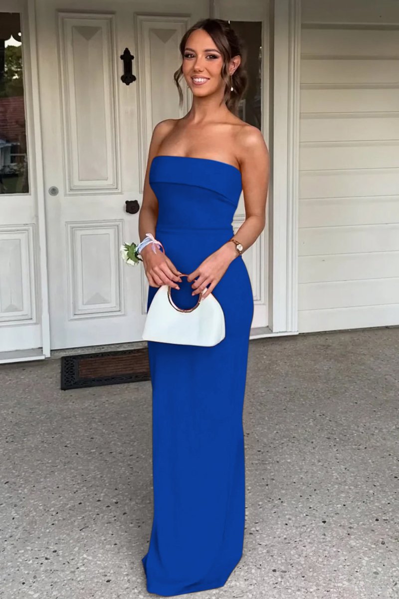 Red Strapless Sheath Satin Pleated Long Formal Prom Dresses