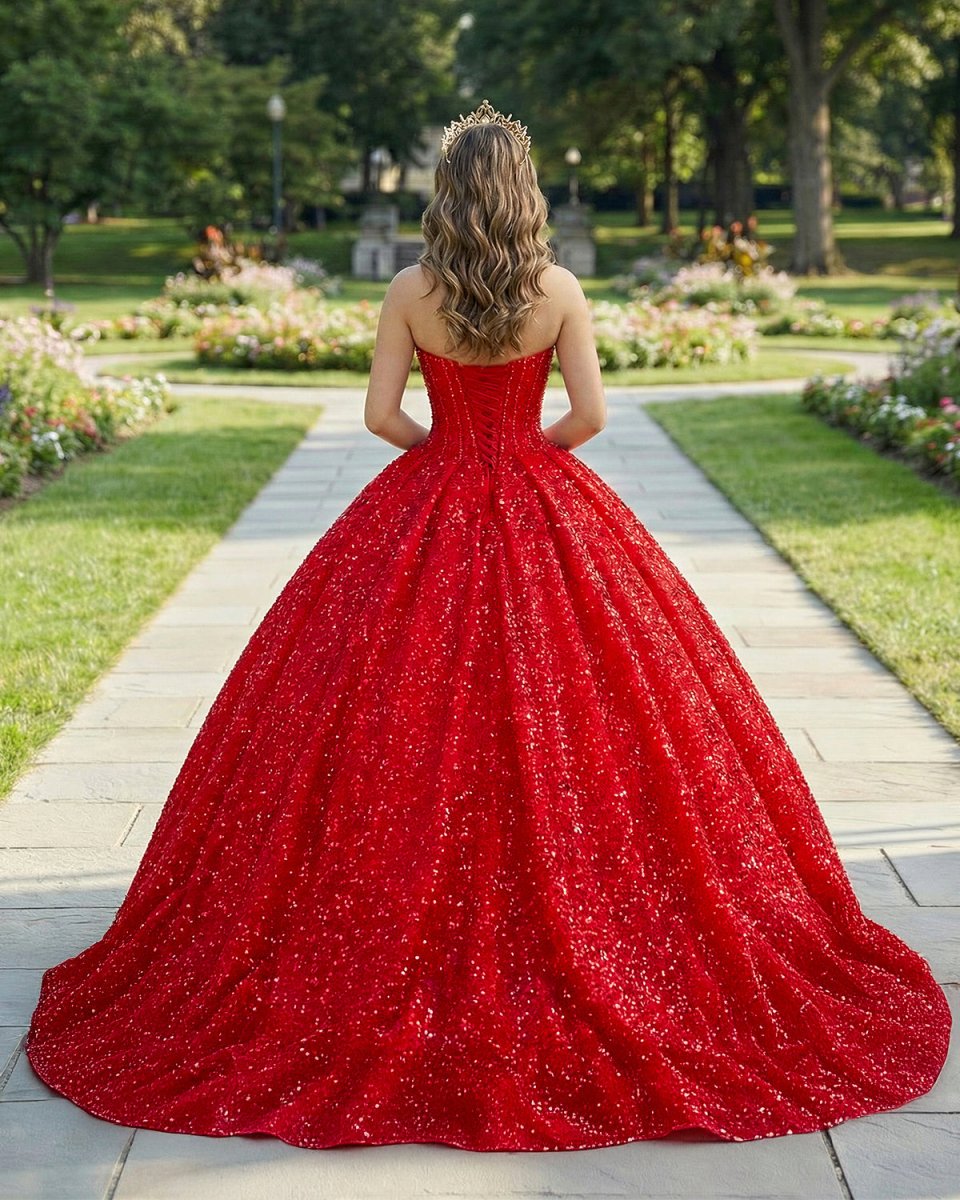 Quinceanera Ball Gown Red Sleeveless Sequined Dress