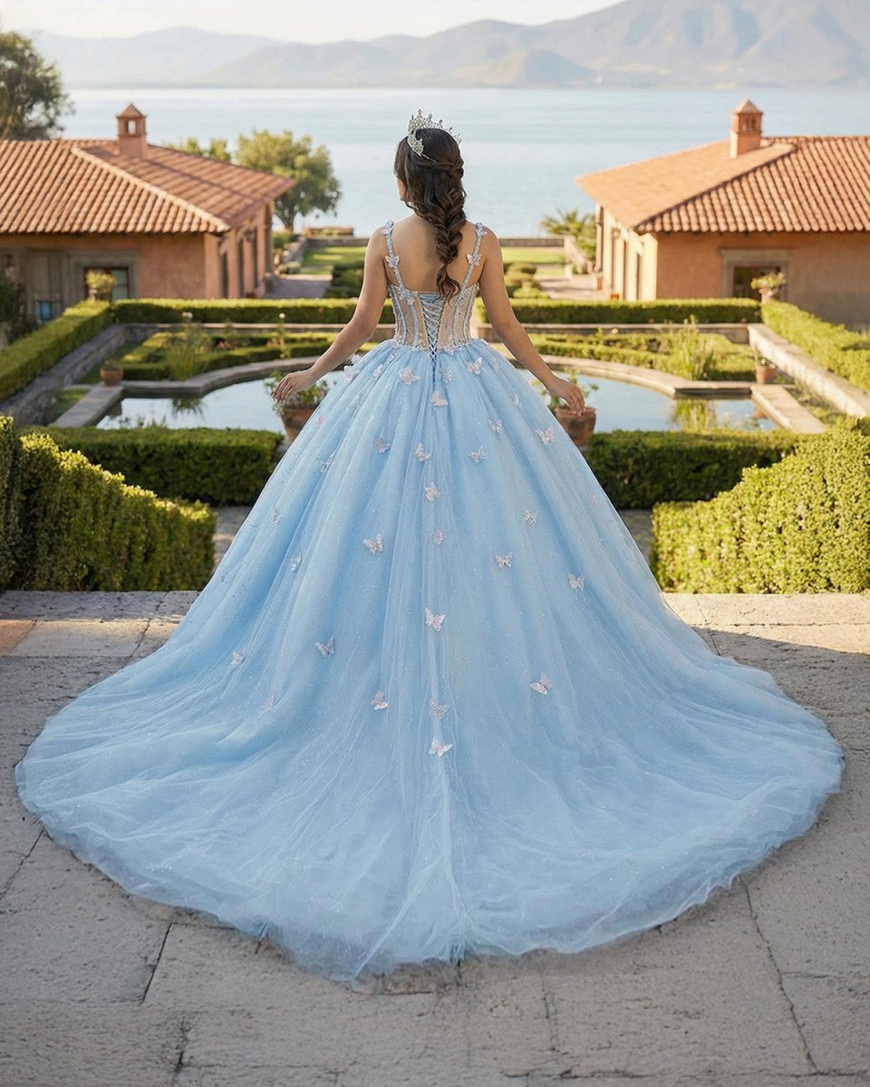 Quinceanera Dresses Spaghetti Straps Beading with 3D Butterfly Appliques