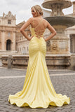 Yellow Spaghetti Straps Satin Mermaid Long Prom Dress With Split