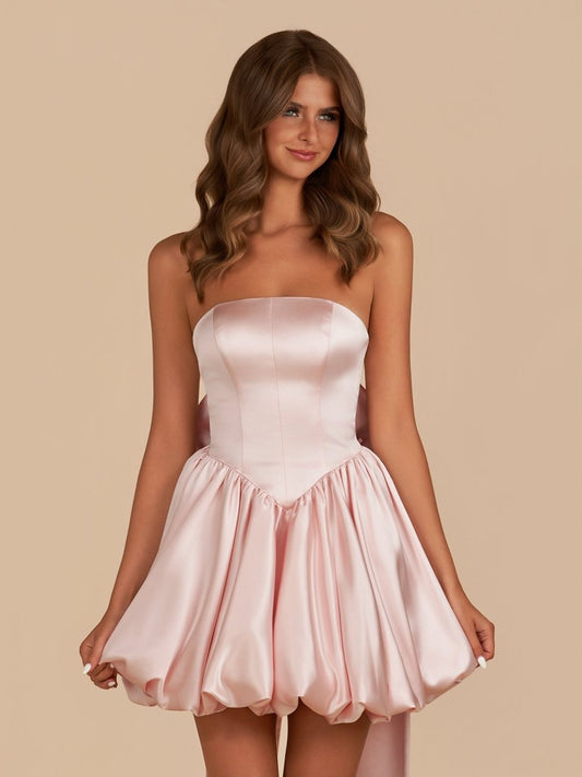 Pink Strapless A Line Satin Short Homecoming Dress With Bow