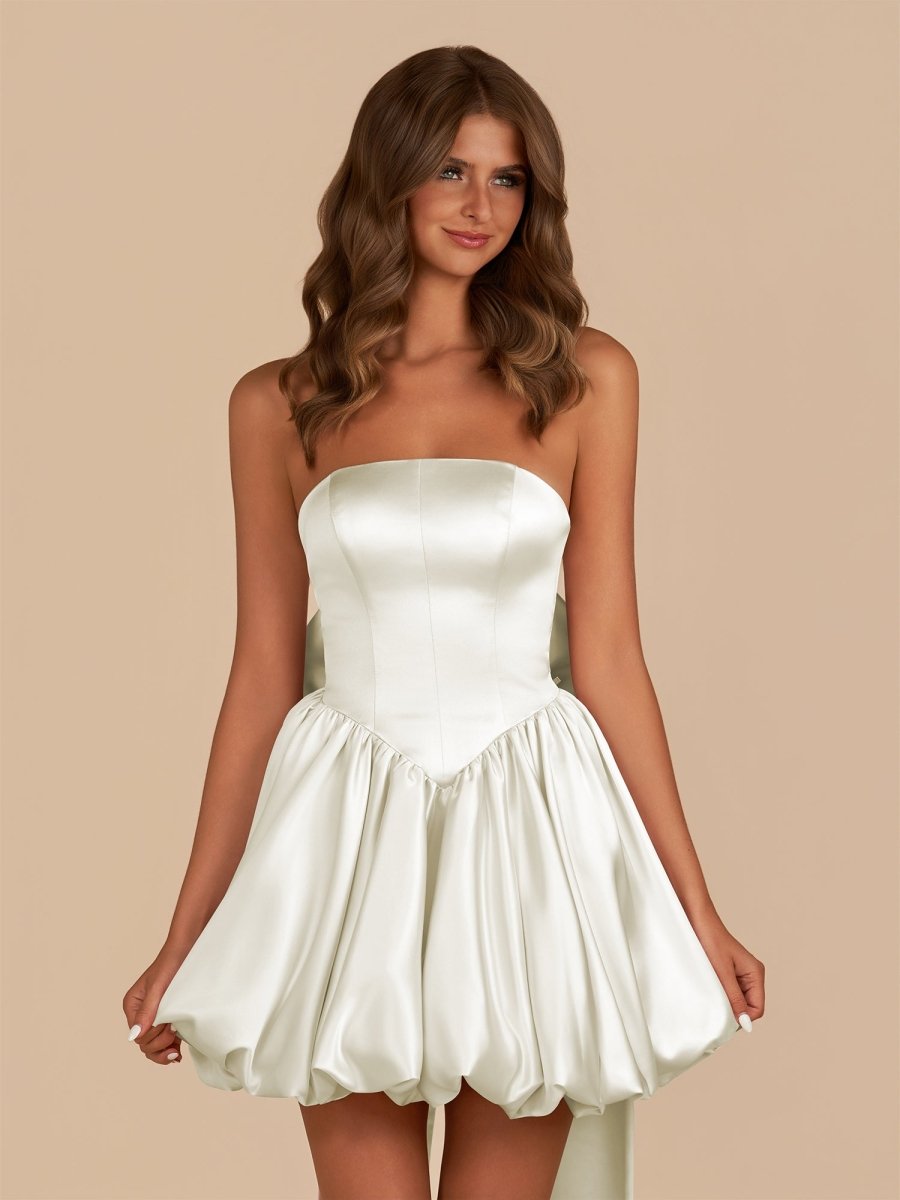 White - Strapless A Line Satin Short Homecoming Dress With Bow