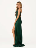 Green V Neck Beading Satin Long Slit Prom Dresses