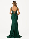 Green V Neck Beading Satin Long Slit Prom Dresses