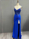 Green V Neck Beading Satin Long Slit Prom Dresses