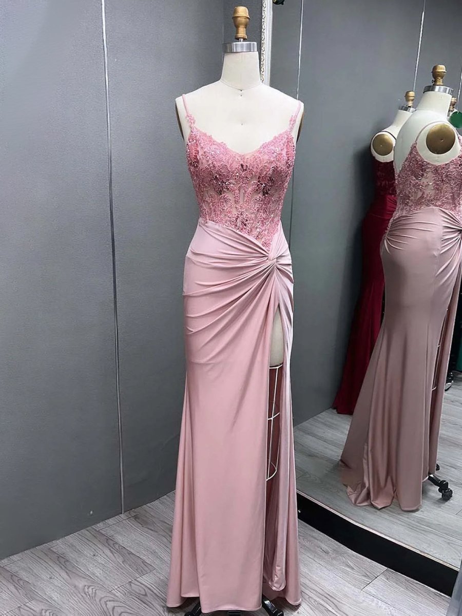 Green V Neck Beading Satin Long Slit Prom Dresses