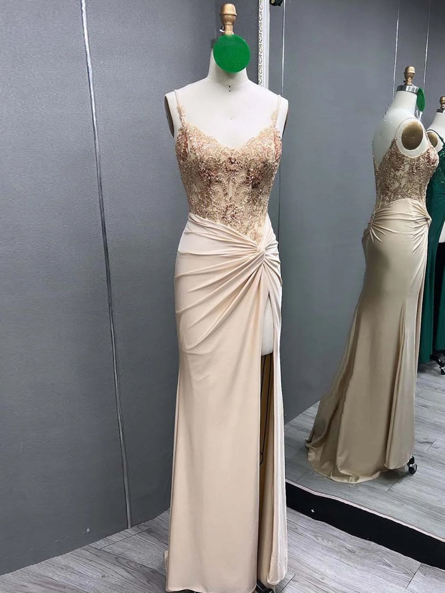Green V Neck Beading Satin Long Slit Prom Dresses