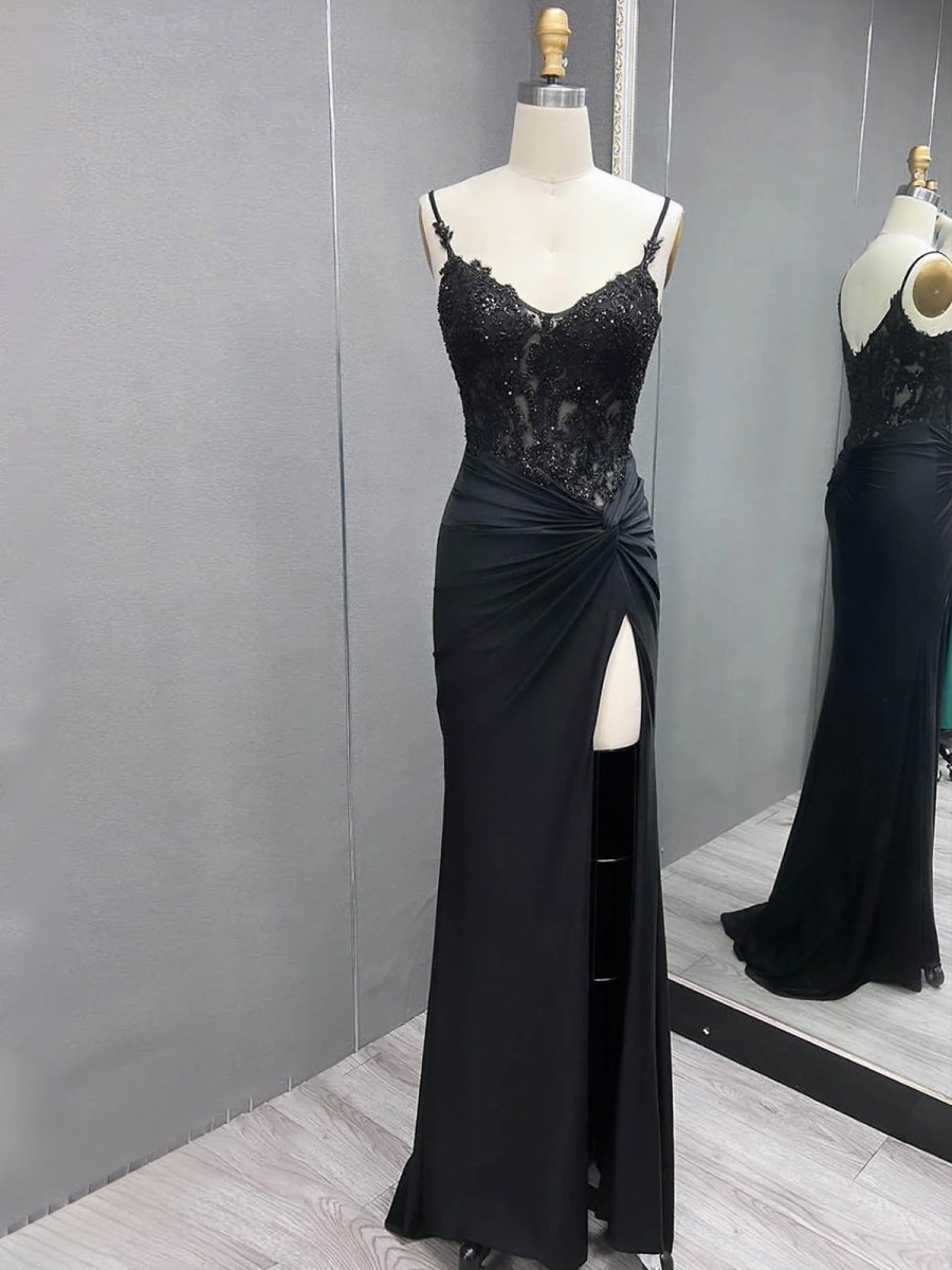 Green V Neck Beading Satin Long Slit Prom Dresses