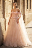 Blush Pink 3D Floral Lace Off-the-Shoulder Ball Gown