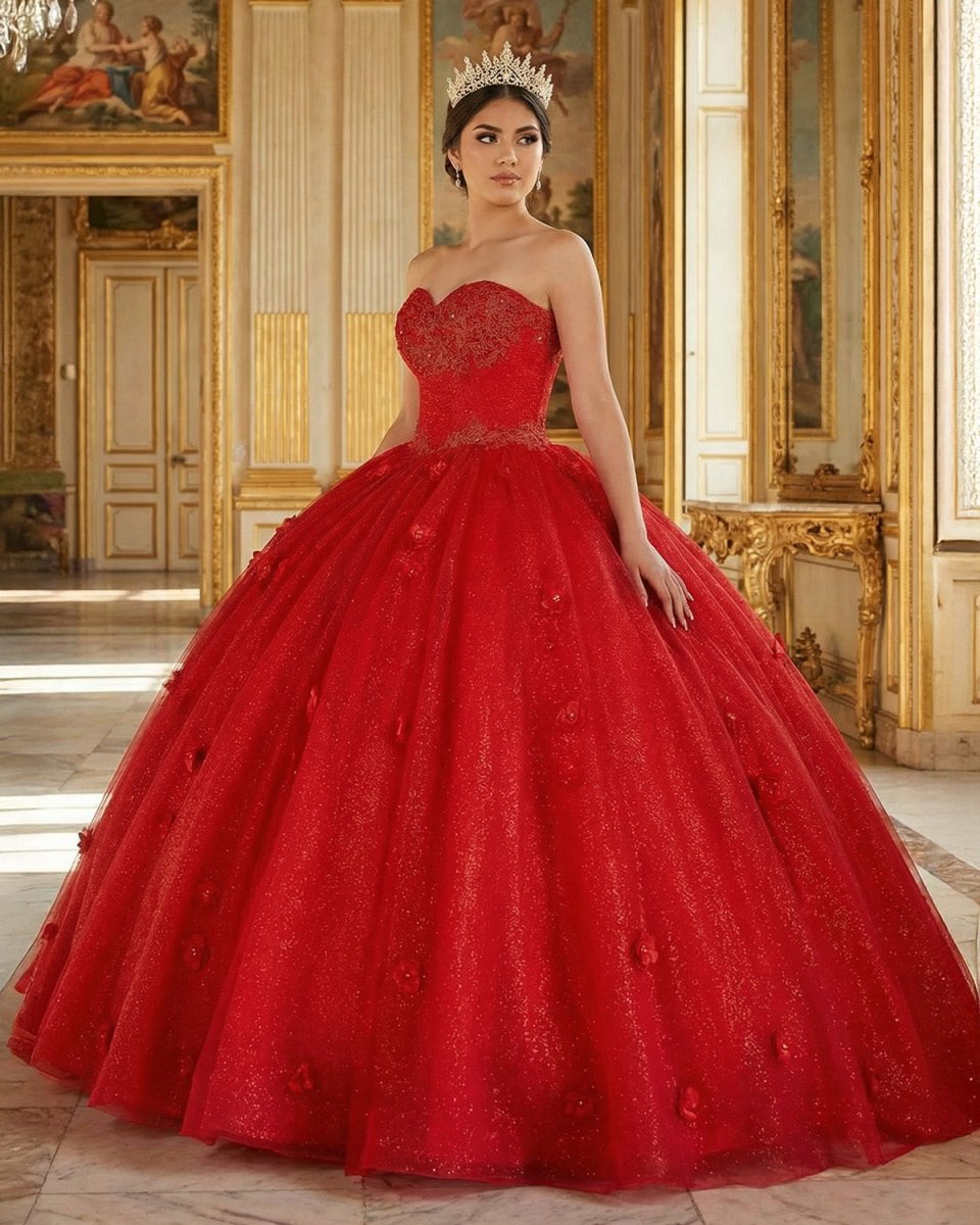 Red 3D Flowers Glitter Sequins Sleeveless Quinceanera Dresses