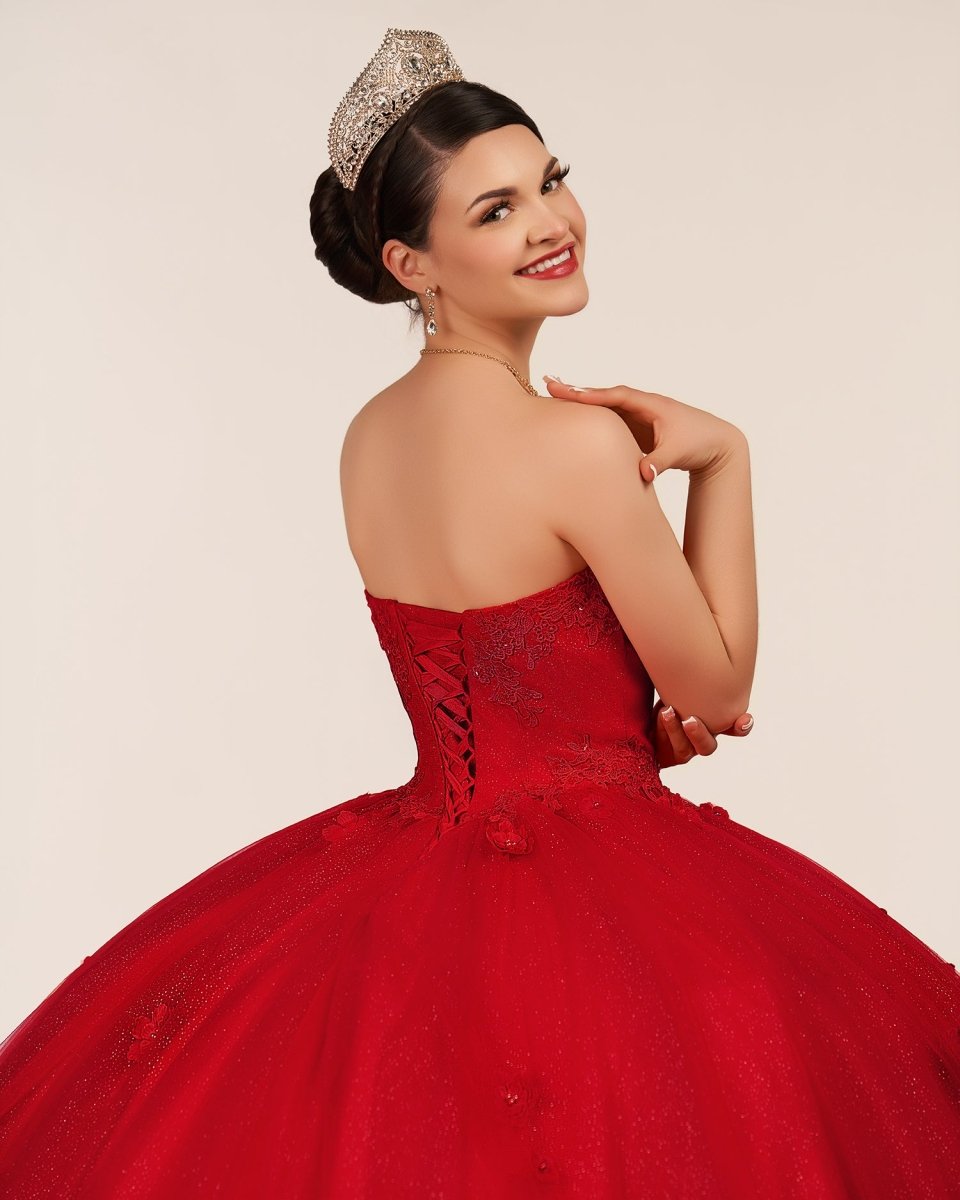 Red 3D Flowers Glitter Sequins Sleeveless Quinceanera Dresses
