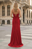 Sheath Spaghetti Straps Black Satin Long Prom Dresses with Lace Appliques
