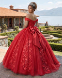 Big Bow Floral Flower Lace Applique Off Shoulder Ball Gown Quinceanera Dresses