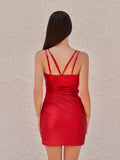 Sheath Deep V Neck Pleated Satin Mini Party Dresses