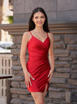 Sheath Deep V Neck Pleated Satin Mini Party Dresses