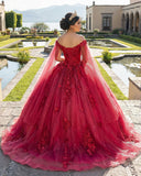 Red Long Sleeves 3D Flowers Quinceanera Dresses Appliqued