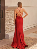 Mermaid Spaghetti Straps Satin Prom Dress with Slit