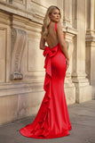 Coral Pink Mermaid V Neck Satin Open Back Long Prom Dresses With Bow