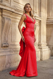 Coral Pink Mermaid V Neck Satin Open Back Long Prom Dresses With Bow