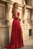 Green Metallic Sweetheart Pleated A-Line Long Prom Dresses