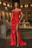 Burgundy Off The Shoulder Mermaid Beaded Satin Long Prom Dresses With Appliques