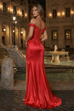 Burgundy Off The Shoulder Mermaid Beaded Satin Long Prom Dresses With Appliques
