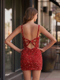 Light Blue Sheath Open Back Sequins Tight Mini Party Dresses