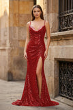 Black Spaghetti Straps Mermaid Sequined Long Prom Dresses With Slit