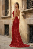 Black Spaghetti Straps Mermaid Sequined Long Prom Dresses With Slit