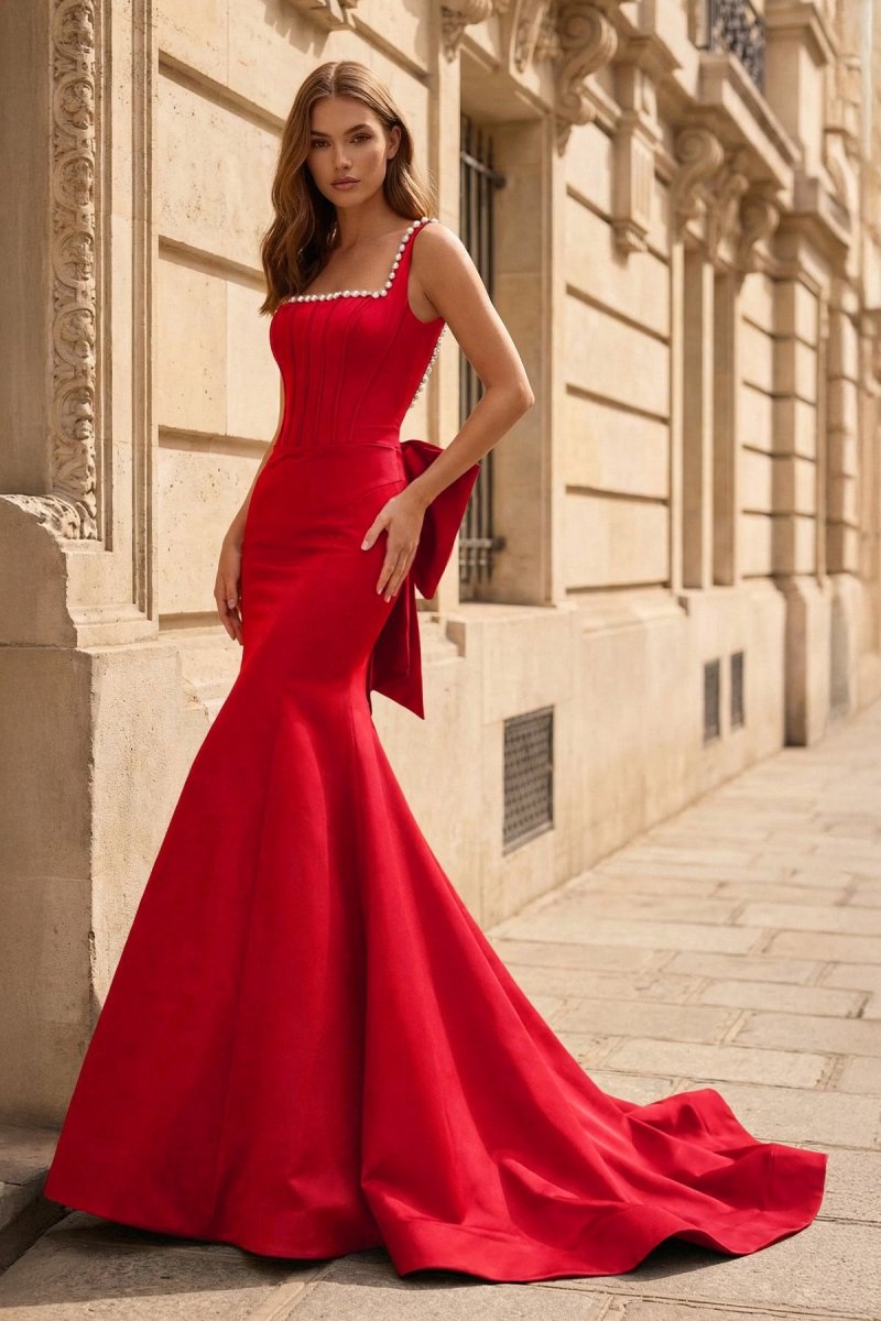 Black Square Neck Mermaid Satin Long Prom Dresses With Pearls