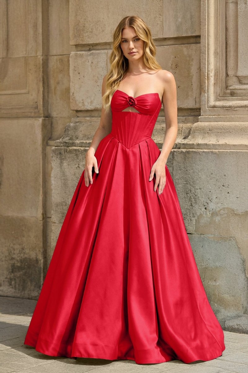 Pink Strapless A Line Pleated Satin Long Prom Dresses With Flower