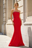 Fuchsia Strapless Mermaid Satin Long Prom Dresses With Beading