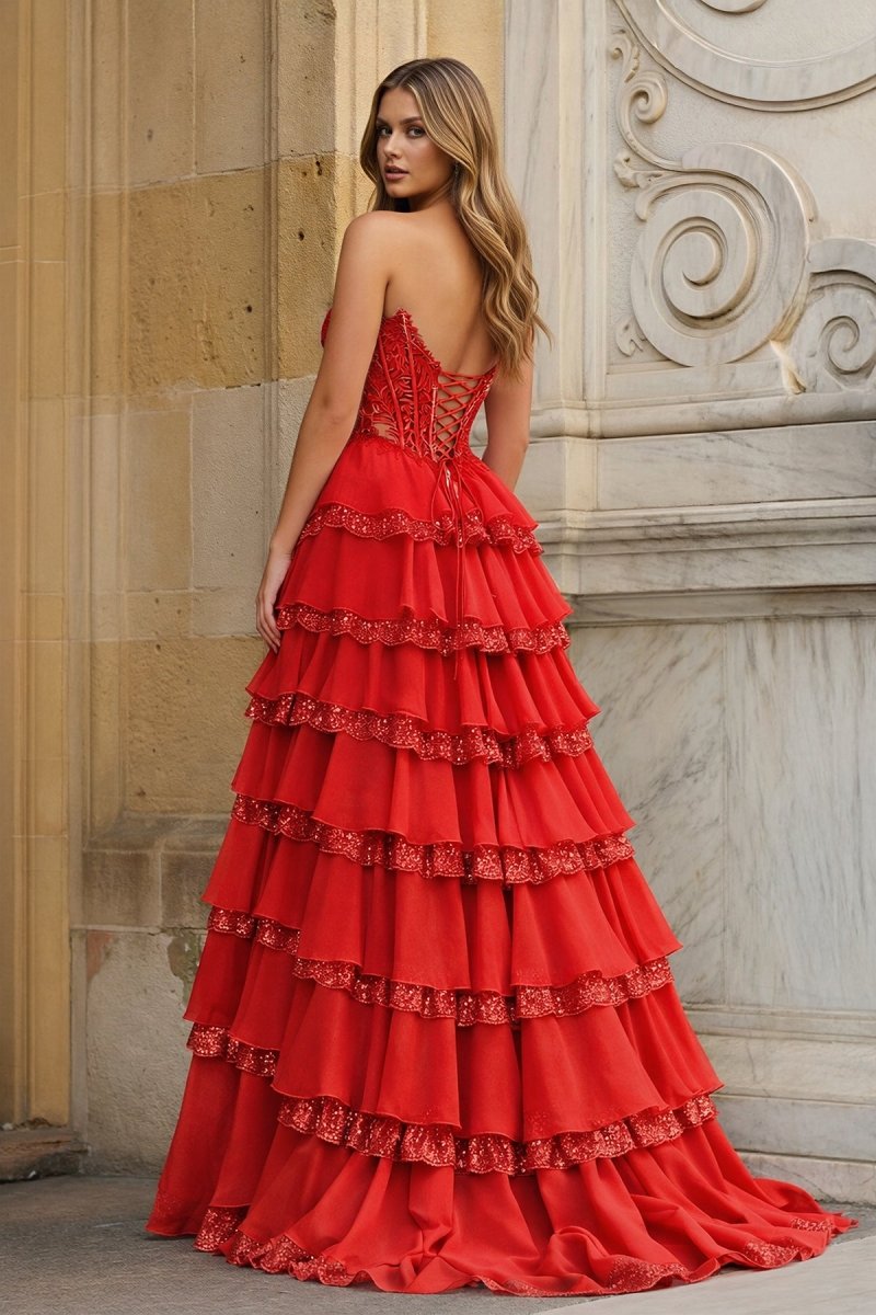 Sky Blue Sweetheart A Line Sequined Lace Ruffled Long Prom Dresses With Appliques
