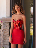 Red Sweetheart Mini Party Dresses with Cut Glass Mirrors