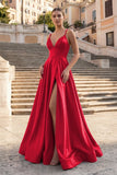 Burgundy Spaghetti Straps A Line Satin Long Prom Dresses With Slit